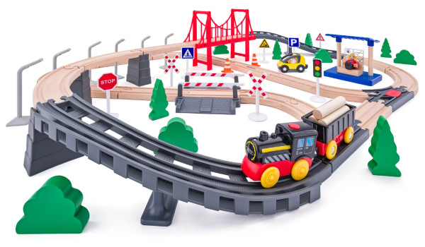 Woody 92111 Treinset 80-delig met batterij aangedreven locomotief en hangbrug