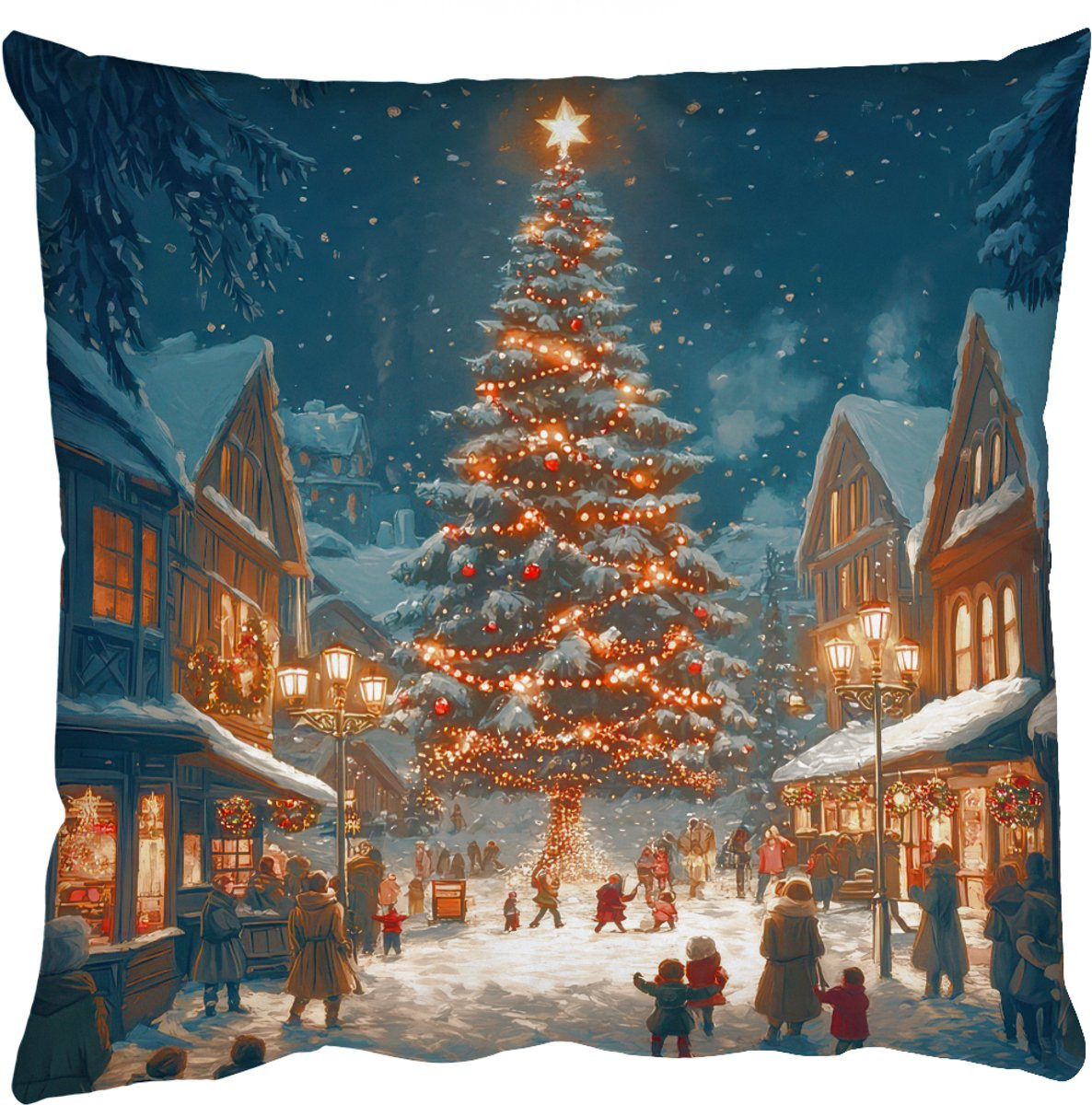 Donkerblauw Kerstsierkussen met Dorp Motief - 50 x 50 cm