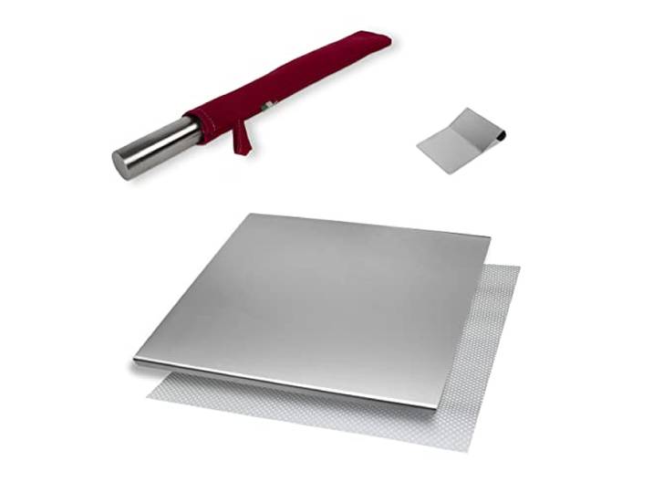 INOXLM BOX 3 STÜCK Schneidebrett Edelstahl + Teigschaber + Nudelholz edelstahl, Edelstahl Arbeitsplatte verschiedene Größen für Küche Bar Restaurant knetbrett Made in Italy (70X50 C, Rote)