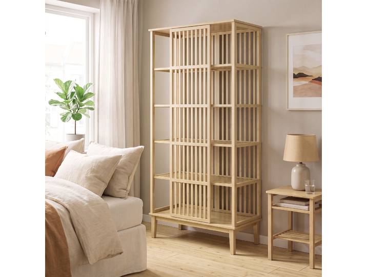 HOMCOM Armoire Bambou 5 Niveaux Porte Coulissante Bois Naturel