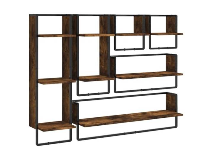 HKTMGDNG 6er Set Schweberegal mit Stange Räuchereiche Wandregal Flexibles 6-teiliges Wandboard Set in Räuchereiche-Optik mit Metallstange für Wohnzimmer und Flur zur Wandmontage.