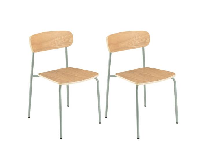 Lot de 2 chaises « écolier » bois de frêne pieds acier vert d’eau