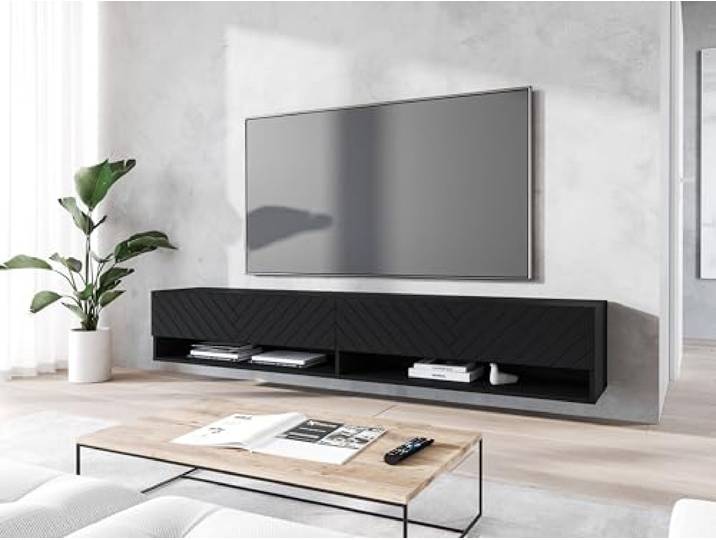 MINIO go for it - Lowboard TV-Schrank 100x30x33cm, Türen und Regalen LED Offene Nischen Laminierte Spannplatte Praktisch und Funktionell Graphit Schwarz / Herringbone Muster