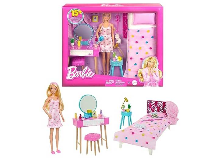 Barbie Schlafzimmer-Spielset - Puppe, Bett, Schminktisch, Kätzchen und 20 Zubehörteile kreatives Spielen, inklusive flauschigem Bademantel und Hausschuhen, für Kinder ab 3 Jahren, HPT55