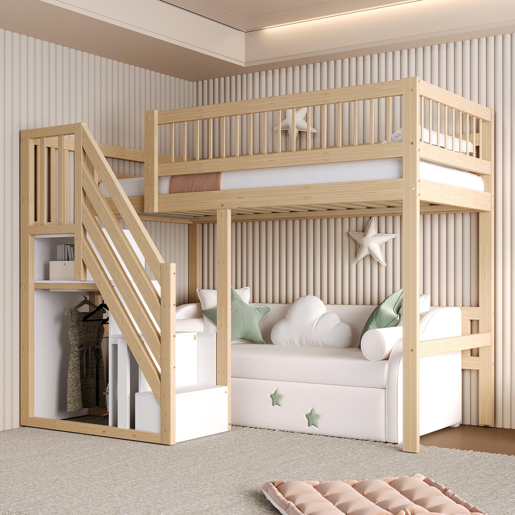 Sweiko Massivholzbett 90x200, Treppe mit Aufbewahrungsschrank, Kinderbett, Jugendbett, Einzelbett, Massivholzrahmen, hohe Ausführung, Holzfarbe
