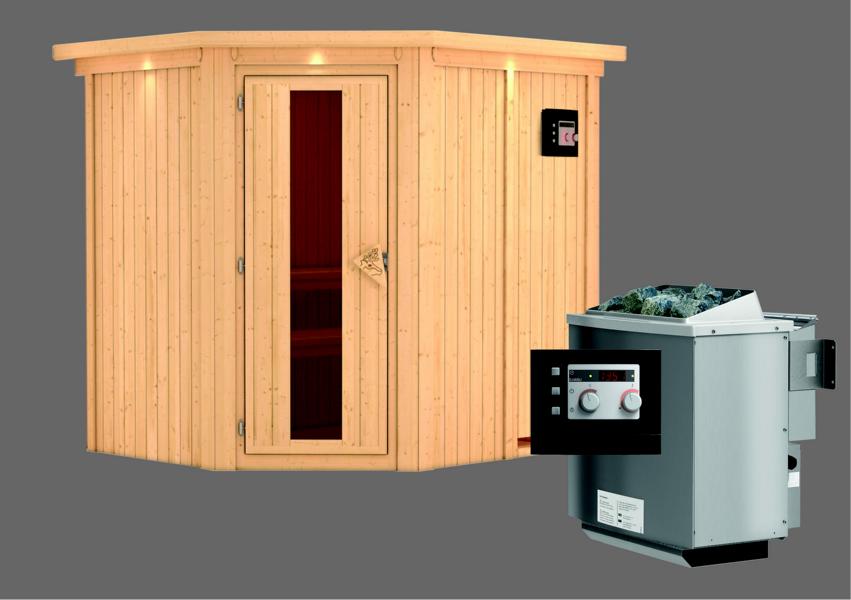KARIBUHOLZT Sauna Siirin Eck,9kW Bio.Strg easy m.Isoliertür u.Dachkranz 09221885