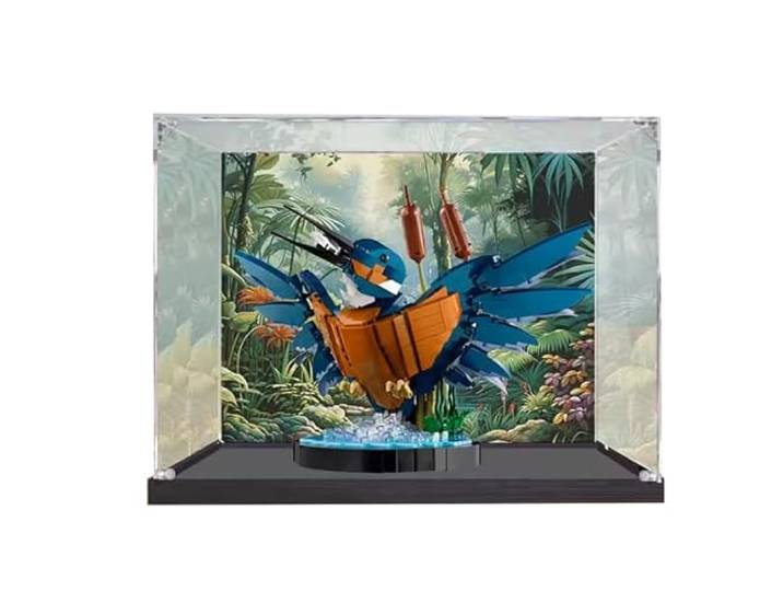 HCAEIOFJ Transparente Acryl-Vitrine für Lego-Icons 10331, anwendbar für Eisvogel, staubdicht, Geschenk (nur Vitrine) (schwarze Unterseite + Hintergrund)