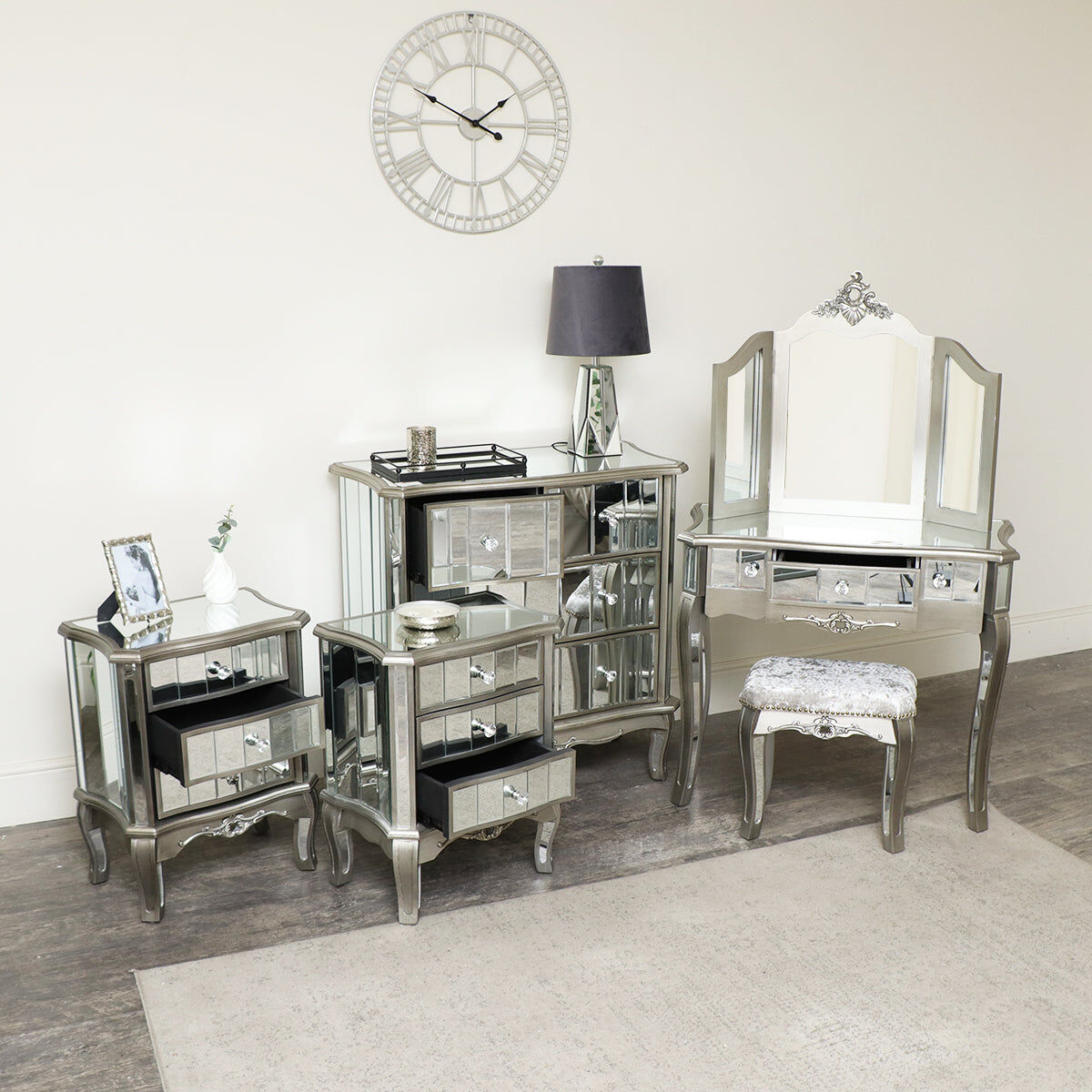 Silver Mirrored Chest of Drawers, Dressing Table Set & 3 Drawer Bedside Tables - Tiffany Range Wood, Glass, Metal