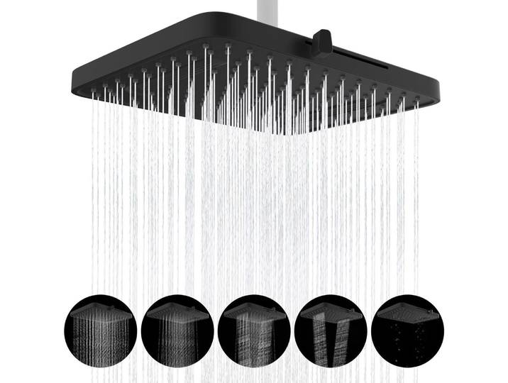 Regen-Duschkopf 13 Zoll Quadratisch 5 Sprüher Schwarz Schwenkbar Einbau