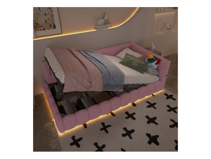 OKWISH Schlafsofa Tagesbett Polsterbett, 90x200 mit LED, USB & hydraulischem Stauraum, Mit Matratze