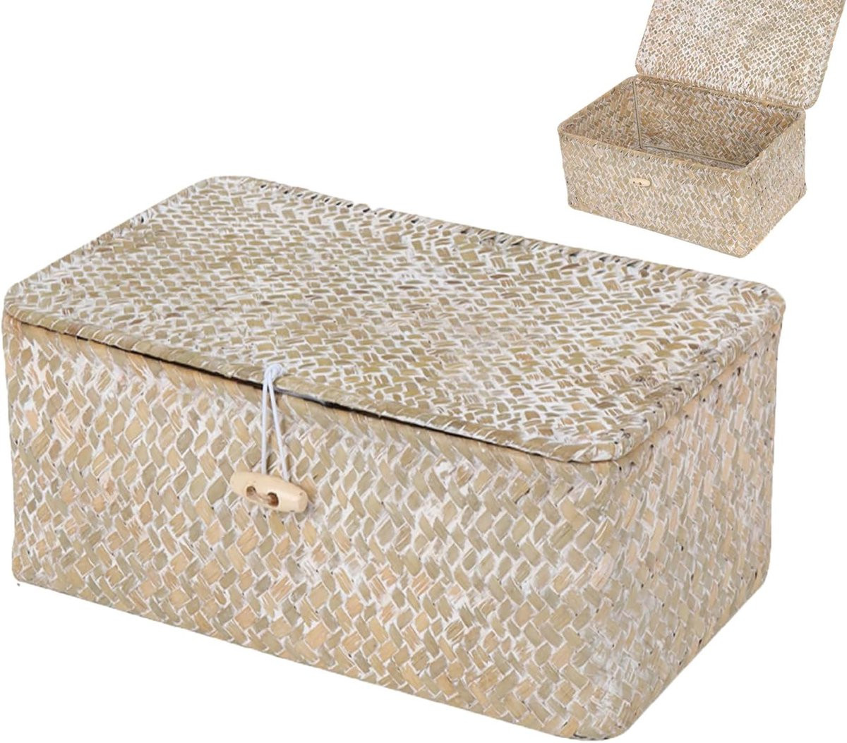 SnelShoppen Witte Rieten Opbergmand met Deksel - Handgeweven Seagrass Mand voor Speelgoed en Keuken - Medium