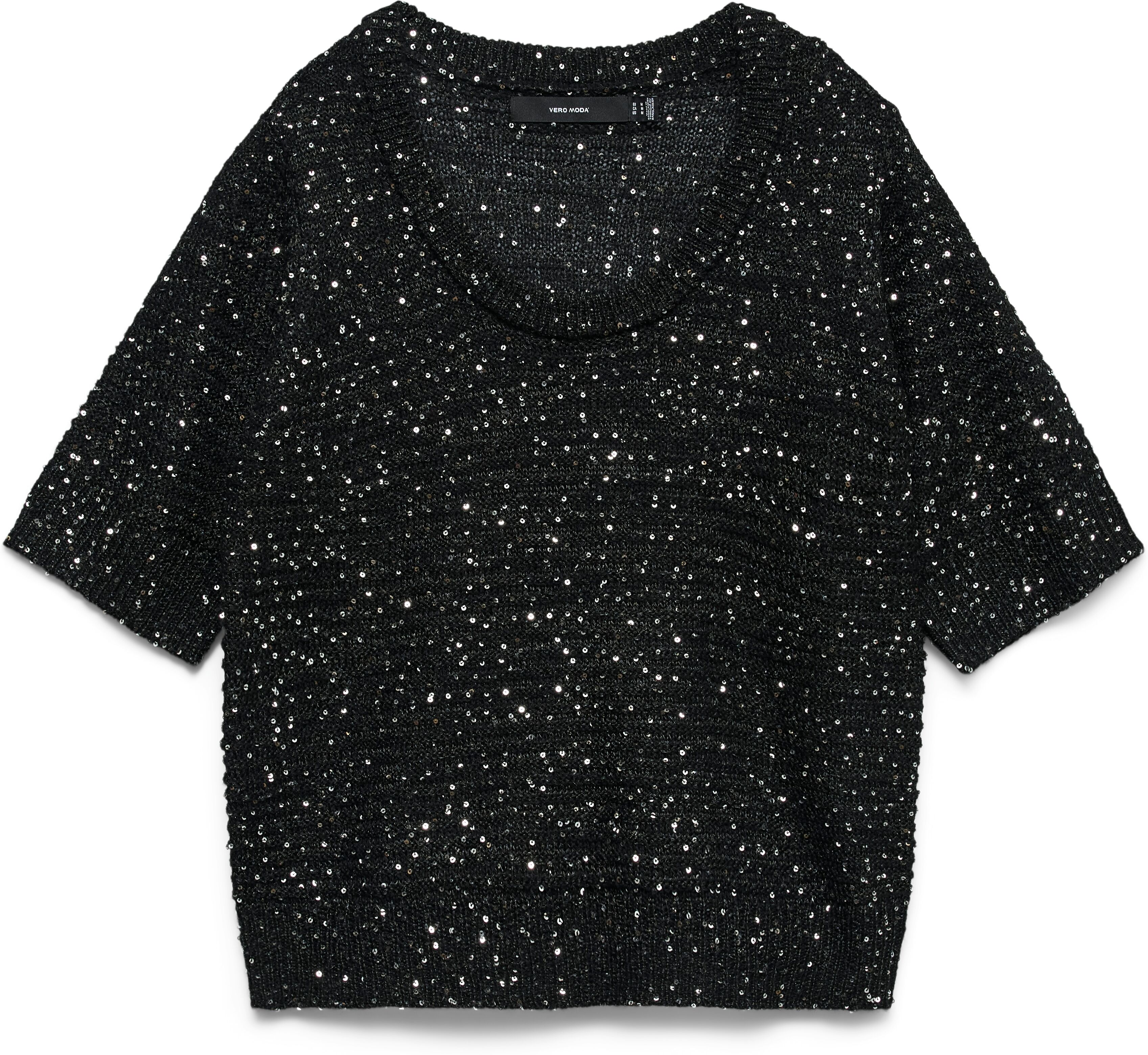 Strickpullover VERO MODA "VMLEILANI STITCH 2/4 U-NECK PULLOVER", Damen, Gr. M, schwarz (schwarz detail:with silber seq), Strick, Obermaterial: 68% Polyester, 32% Polyacryl, Glitzermuster, regular fit normal, Rundhals, Pullover Strickpullover schwarz detai