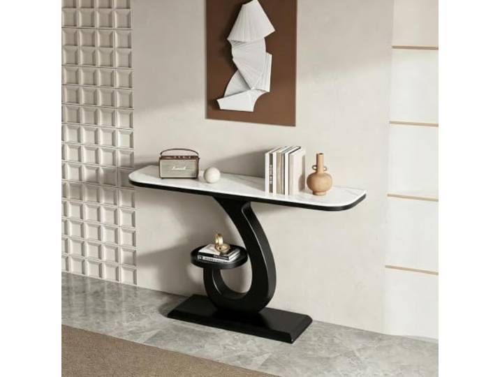 LEUBDIBR Creme‑farbene Sinterstein‑Konsolentisch, Halbmond‑Eingangstisch Sintersteinplatte, Halbmond‑Design, robuster Metallrahmen, moderner Stil(Black+White,80cm/31.5 )