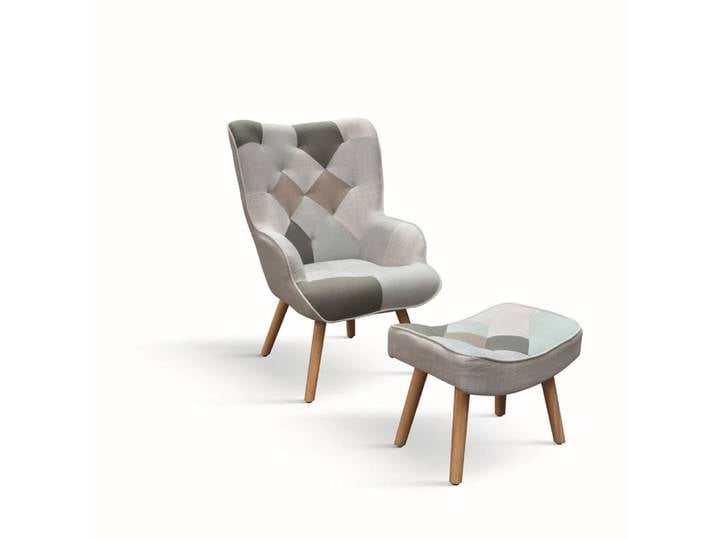 Fauteuil en tissu multicolore avec pouf
