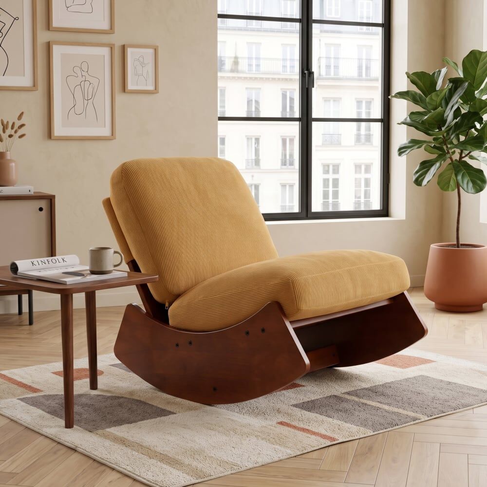 Urban Meuble Fauteuil à bascule rétro en corduroy jaune, cadre en bois massif Jaune 90x72x62cm