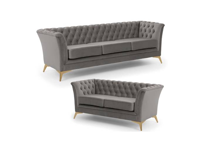 Ensemble de canapé Chesterfield 3+2 en velours gris