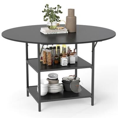 Costway 47 Inch Round Dining Table for 4-6 People Large Kitchen Table with 2-Tier Storage Shelves-Black