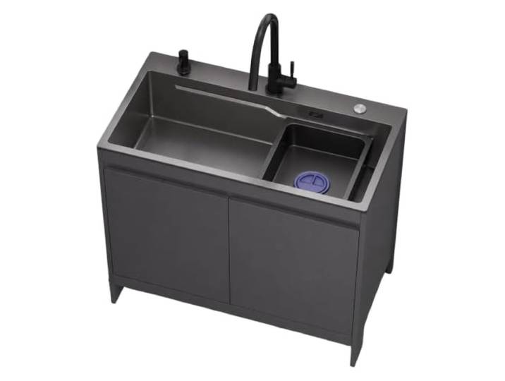Freistehende Edelstahl-Spüle mit Unterschrank, 68/80cm Mehrzweckspüle, Aluminium-Schrank, Kalt-/Warmwasser-Armatur, Einzelbecken, Innen-/Außenbereich, Küche/Bad(A-Grey,L:80cm)