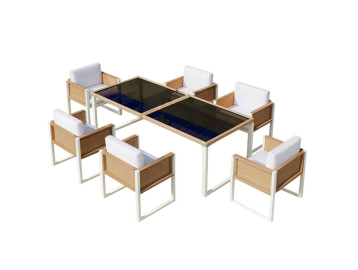 Stilvora Gartenlounge-Set Polyrattan-Gartenmöbel 6-Personen-Garten-Essgruppe, Weiß, Metall, 7, Gartenmöbel, Gartengarnituren, Gartenmöbel-Sets