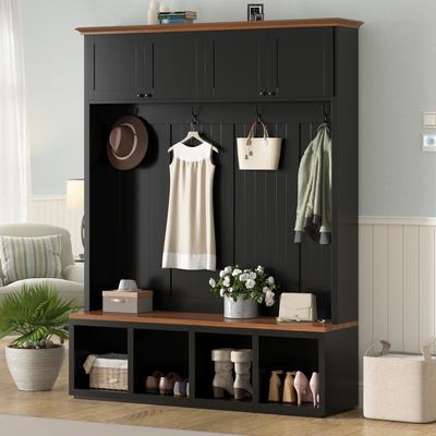 AISWORD "59""W Entryway Hall Tree with Bench and Storage,Farmhouse Wood-grain Accent 4-in-1 Hall Tree with Cabinets,Coat Racks and Hooks"