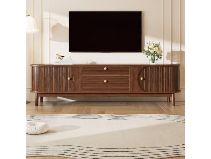 Fiednoy Ovales TV Schrank Walnuss 170cm Für 75 Zoll Fernseher TV-Lowboard mit Schiebetüren, 2 Schubladen, Kabelmanagement Und Verstärkter Rahmen, TV Bänke Für Wohnzimmer