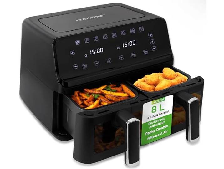 NutriChef Friteuse à Air Double Panier 8 L – Sans Huile avec Fenêtre 9 Programmes Automatiques\, Circulation 360°\, Capacité 4 L par Panier\, Couleur Noir