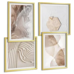 BILDER SET 4er Set - 50x50 cm & 40x60 cm Goldrahmen - Abstrakte bemalte Strukturen