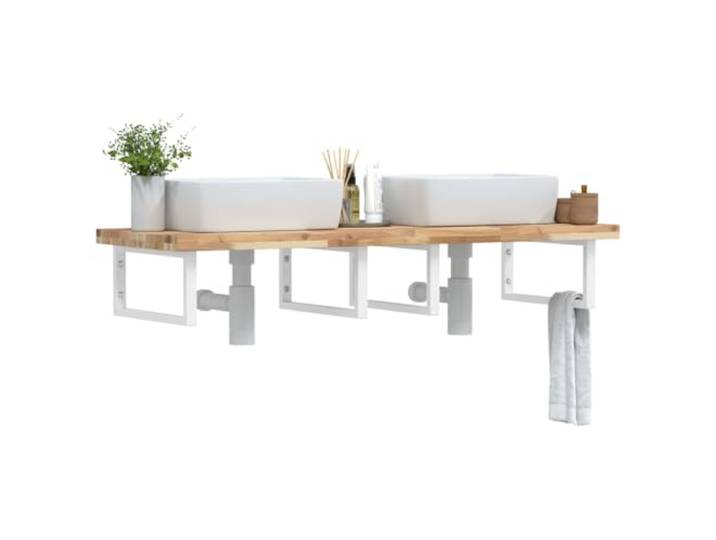 KTHLBRH Waschbeckenregal Wandmontage Stahl Akazienholz Schweberegal Bad Stahlhalterung, massive Akazienholzplatte, flexible Positionierung, Handtuchaufhängung, moderne Optik