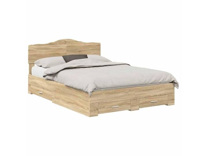 PUGYNBK Bettrahmen mit Schublade Sonoma Eiche 150 x 200 cm Fester Lattenrost, Kopfteil aus Holz, Aufbewahrung, moderner Stil