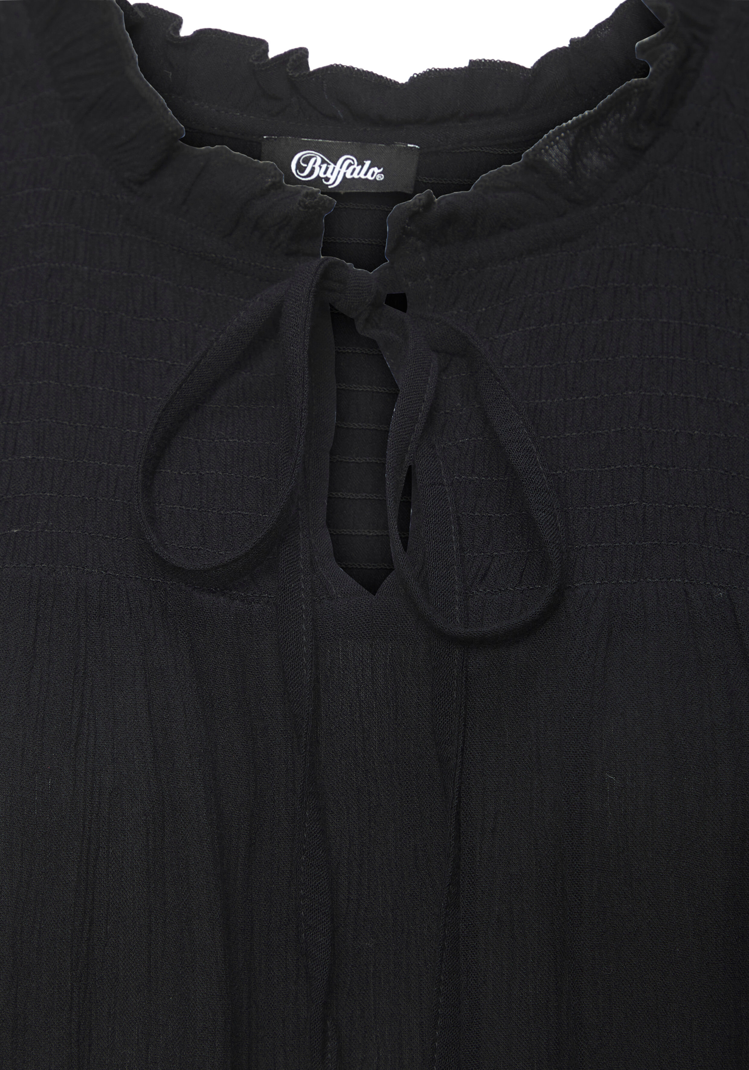 Strandkleid BUFFALO "aus weich fliessender Crepequalität mit Rüschendetails", Damen, Gr. 40, N-Gr, schwarz, Crêpe, Obermaterial: 100% Viskose, unifarben, figurumspielend kurz, Rundhals, Rüschen, Kleider Strandkleid, luftiges Sommerkleid, kurzes Webkleid, 