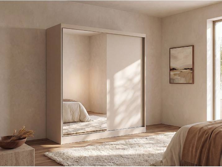 Kleiderschrank mit 2 Schiebetüren – Mit Spiegel – 200 cm – Beige - OCHIRA
