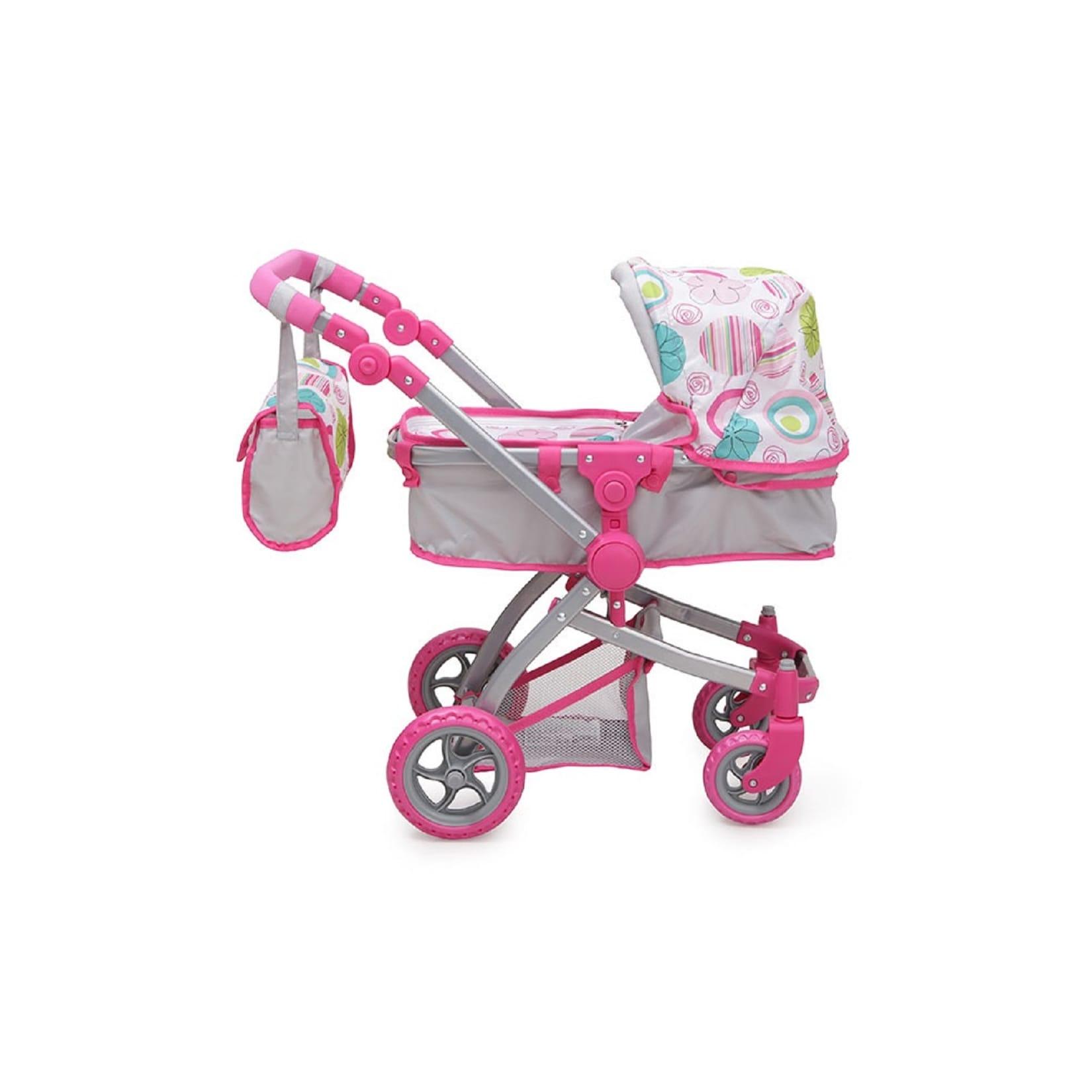 Puppenwagen pink Rose 9651B, verstellbarer Schiebegriff, Sonnendach, Tasche