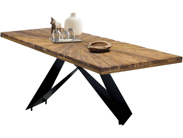 Esstisch SIT Chur aus Teak mit 50-mm-Platte & Sonnendesign & Cross-Base-Gestell , braun (natur, schwarz, schwarz, natur), B:180cm H:76,4cm T:100cm, recyceltes Teak, Metall (Eisen), Tische, Esstisch, 50-mm-Teakplatte mit aussergewöhnlichem Sonnendesign