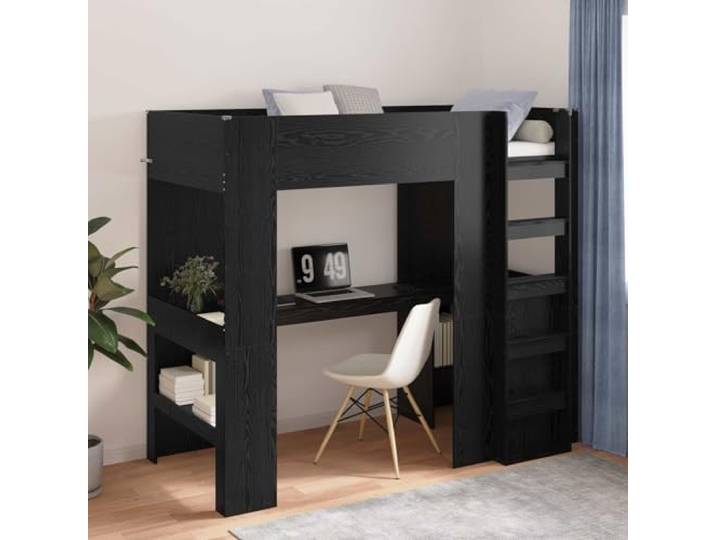 Holzwerkstoff Schreibtisch Loft Einzelbettgestell Schwarz 80 x 200 cm Etagenbettgestell mit Schreibtisch Schwarz Eichen-Optik Loftbett Hochbett mit Leiter und Regal für Kinderzimmer Schlafzimmer