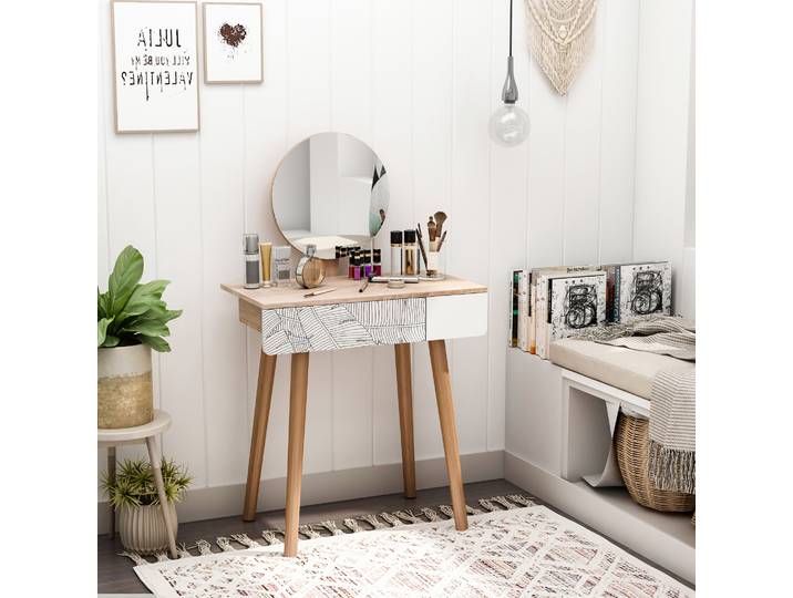 HOMCOM Coiffeuse Scandinave Tiroir Grand Miroir 70x39cm