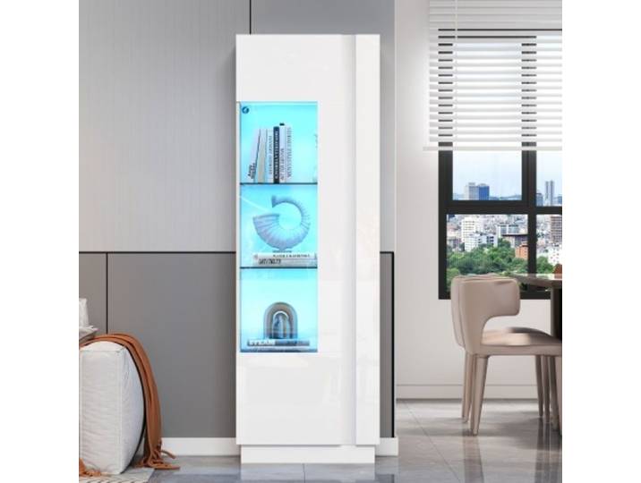 Vitrine de salon blanche laquée brillante 60x40x180cm porte en acrylique 3 étagères verre LED
