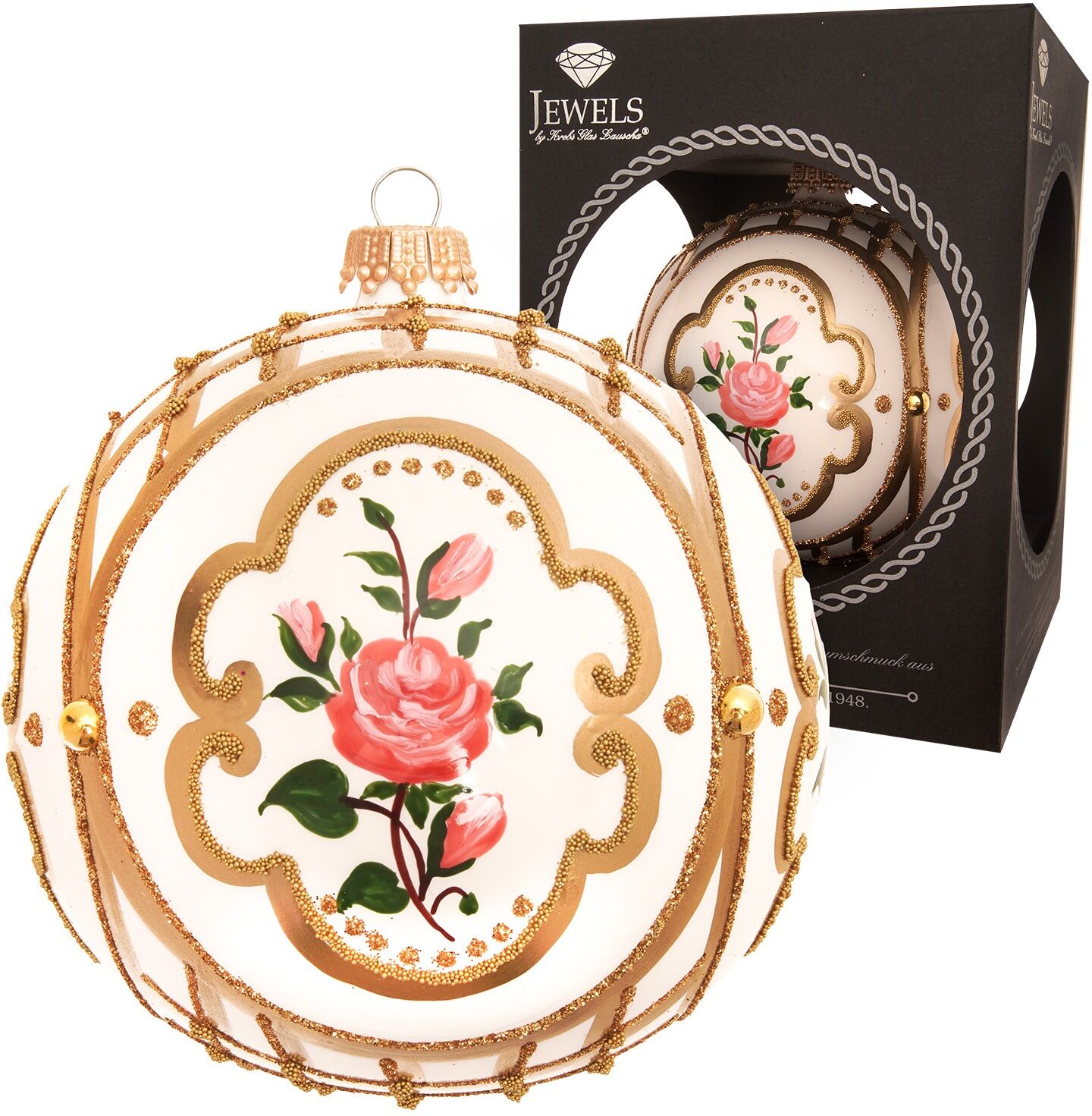 Weihnachtsbaumkugel KREBS GLAS LAUSCHA "Weihnachtskugel Rosendesign Blätter weiss 10cm", gold (weiß), B:10cm H:10cm T:10cm Ø:10cm, Glas, Weihnachtsbaumkugeln, Weihnachtsbaumkugel, Dekoriert mit Liebe zum Detail weiß 10cm