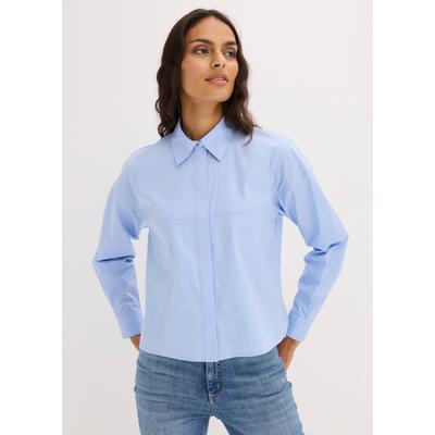 Langarmbluse BONPRIX, Damen, Gr. 48, blau (perlblau), Obermaterial: 97% Baumwolle, 3% Elasthan, loose fit, Blusen, locker geschnittene Hemdbluse, in Hüftlänge, Loose Fit, mit Langarm