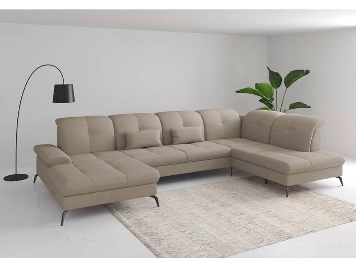 U-Form Wohnlandschaft, Flachgewebe LINO, Grau-Taupe, 357×231 cm, Sitztiefen- & Armteilverstellung, Sitze für 6, sit&more