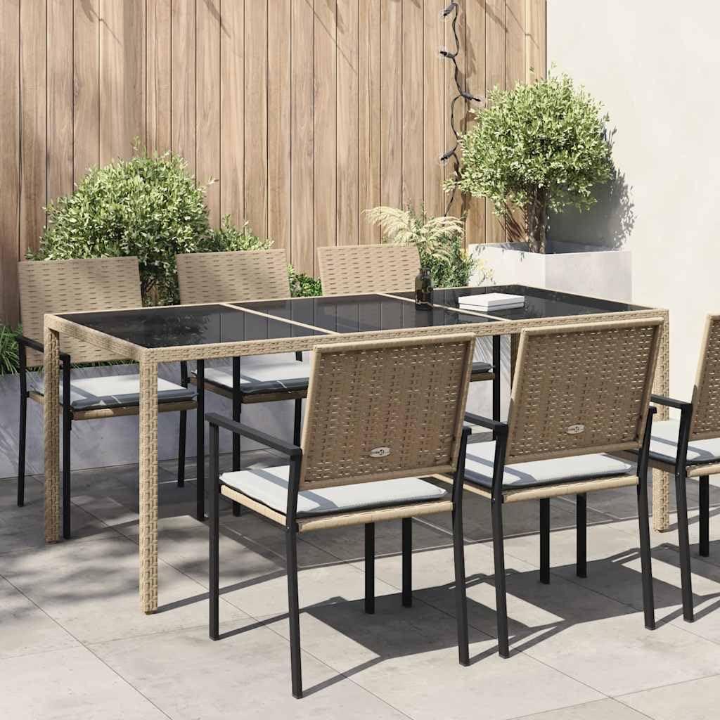 Beigefarbener Gartentisch 190x90x75 cm aus Poly-Rattan mit gehärteter Glasplatte und pulverbeschichtetem Stahlgestell für Balkon, Terrasse und Wintergarten