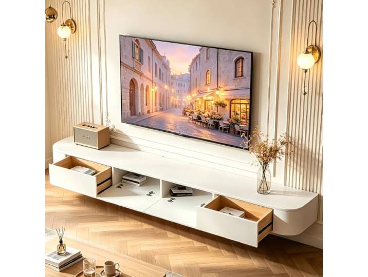 DSMRLEOP An Der Wand Montierter TV-Schrank, Schwebender TV-Ständer, An Der Wand Montierte Weiße TV-Medienkonsole, Großer TV-Schrank Für Wohnzimmer, Schlafzimmer Mit Kabellöchern Und Lagerregalen(140cm