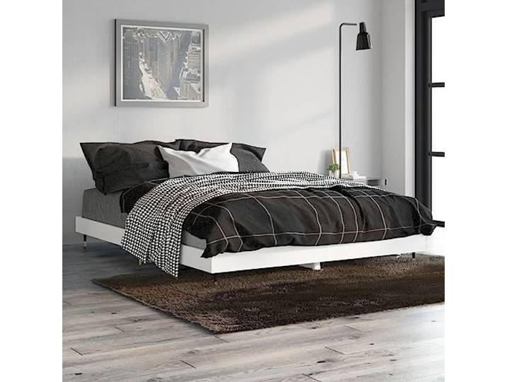 RJPLMFV Bettgestell, 135 x 190 cm, Weiß, Holz Füße aus robustem Metall, Lattenrost inklusive, ohne Matratze