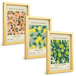 BILDER SET 3er Set - 20x30 cm Goldrahmen - Fruchtige Zitrusblütenmuster