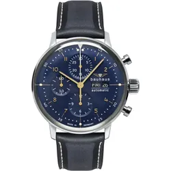 Bauhaus Herrenuhr Automatik Herrenuhr Automatik 20183 - Blaues Ziffernblatt mit goldenen Zahlen/Indices,Leuchtpunkten,Leuchtzeigern,blau,weiße Naht - 42mm