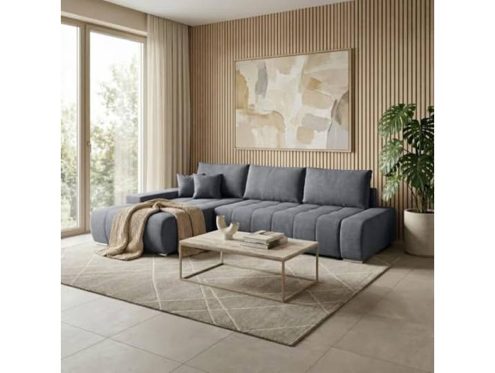 BEAUTY SOFA Draco L Ecksofa mit Schlaffunktion und Bettkasten, Grau, Links Liegefläche 215 × 140 cm, Ottomane links oder rechts, Modernes Schlafsofa, Mit Stauraum