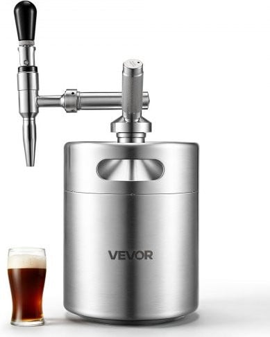 VEVOR Nitro Cold Brew Koffiekan 4L, Roestvrijstalen Koffiemaker met Kraan en Overdrukventiel, Zilver