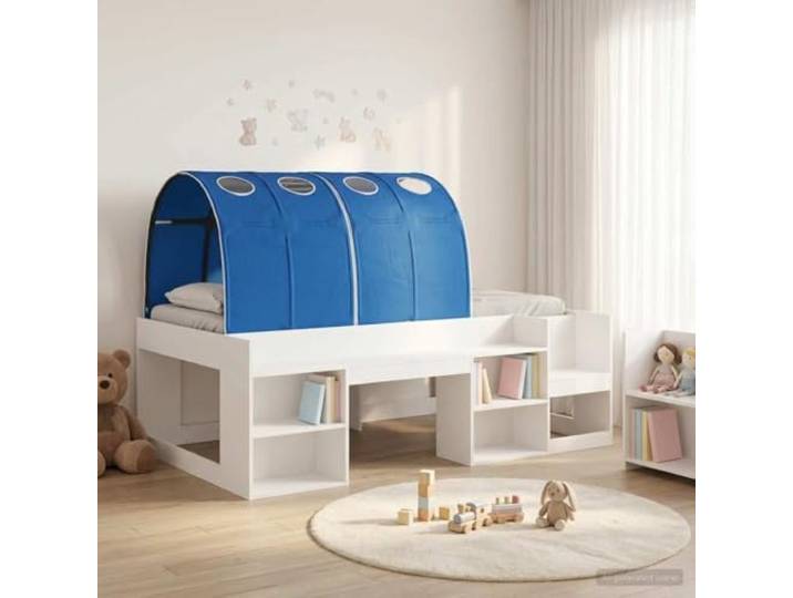RJPLMFV Bettgestell mit Tunnel, 3-teilig, Weiß und Blau, Holz Integrierte Leiter, Lamellen inklusive, platzsparend, Montage für 2 Personen