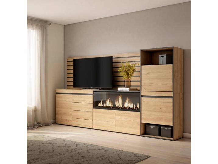 Buffet effet bois de chêne 274x35x145cm cheminée effet feu xxl