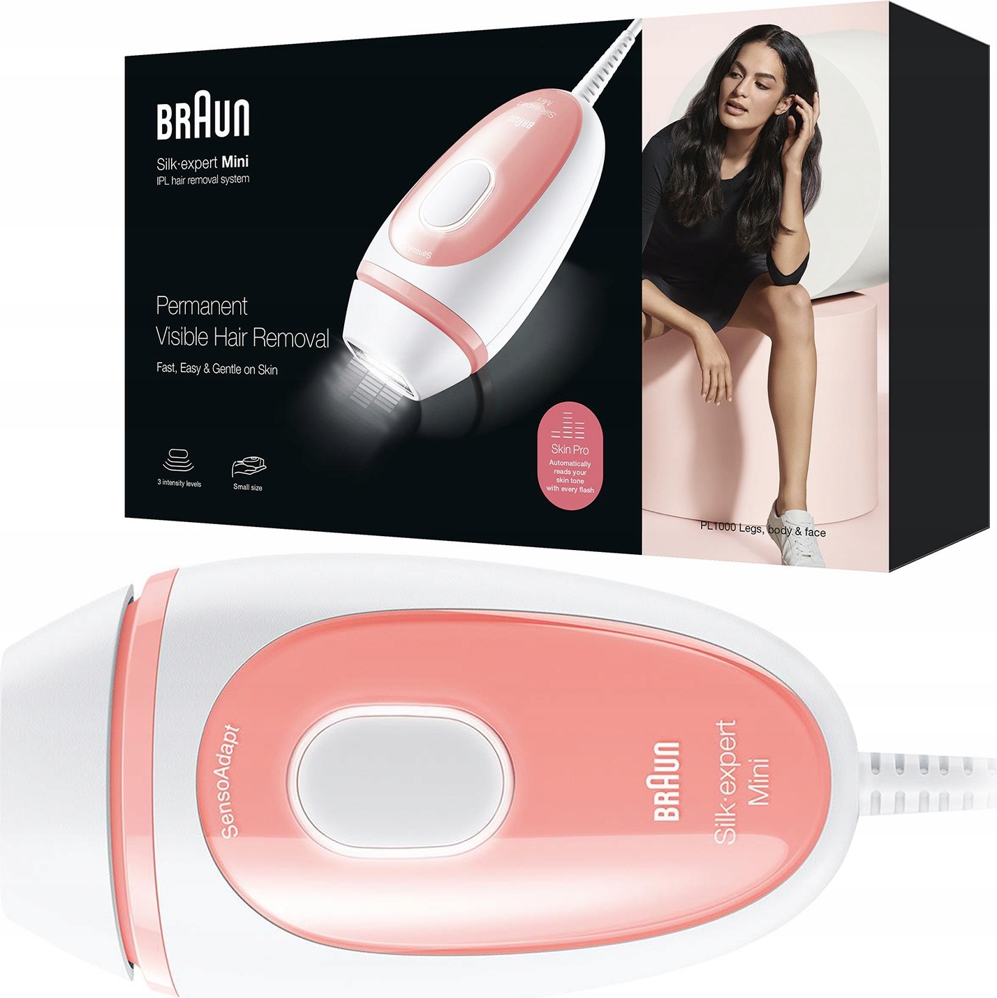 Braun Silk-expert PL1000, Lichtimpulstechnologie (IPL), Pink, Weiß, Licht, Mittel, AC, Box