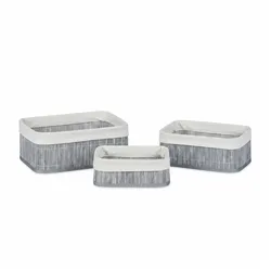 Relaxdays Aufbewahrungskorb 3er Set, Stoffbezug, Bambus, rechteckig, Bad, Accessoires, Spielzeug, Allzweckkorb, grau